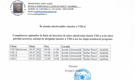 În atenția absolvenților claselor a VIII-a